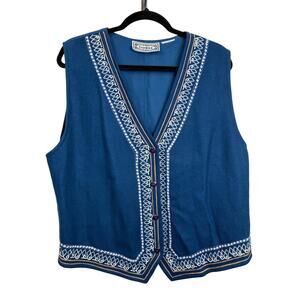 Vintage  Bonjour Wool Embroidered Vest Blue Button Front Folk Boho Women’s L